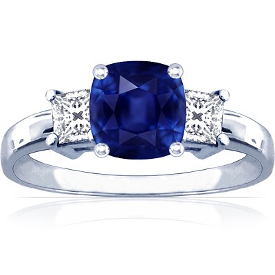 Platinum Cushion Cut Blue Sapphire Three Stone Ring