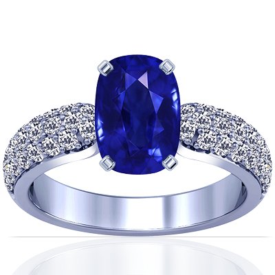 Platinum Cushion Cut Blue Sapphire Ring With Sidestones