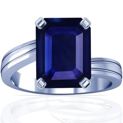Platinum Emerald Cut Blue Sapphire Solitaire Ring