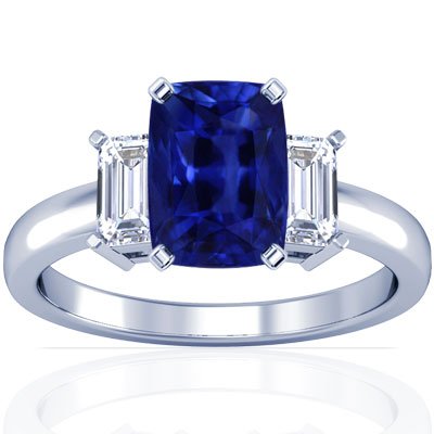 Platinum Cushion Cut Blue Sapphire Three Stone Ring (GIA Certificate)
