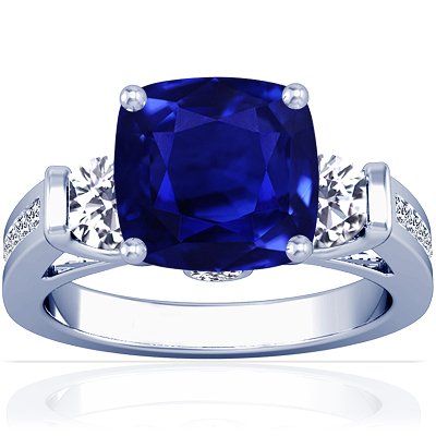 Platinum Cushion Cut Blue Sapphire Ring With Sidestones