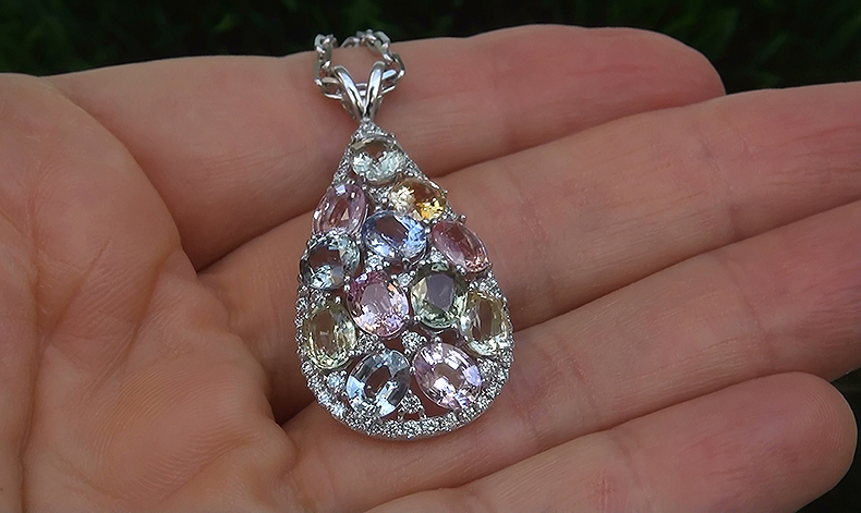 GIA 9.90 ct Natural Fancy Color Sapphire Diamond 18k White Gold Pendant Necklace