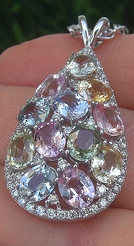 Top Gem GIA Certified 9.90 carat Vivid Multi Fancy Color Sapphire & Diamond Pendant Necklace. 