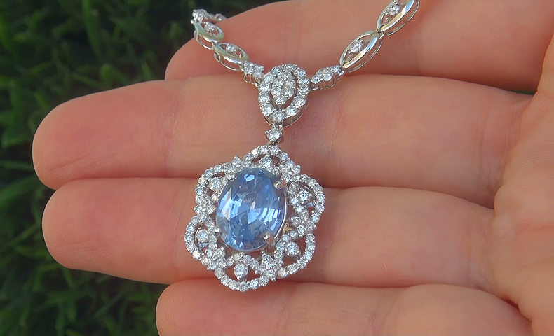 GIA 7.78 ct NO HEAT Natural VVS Blue Sapphire Diamond 18k White Gold Necklace