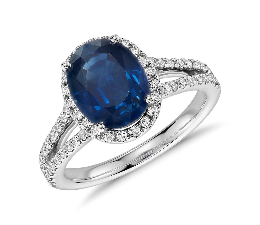 Oval Sapphire and Diamond Split Shank Ring in 18k White Gold (9x7mm)