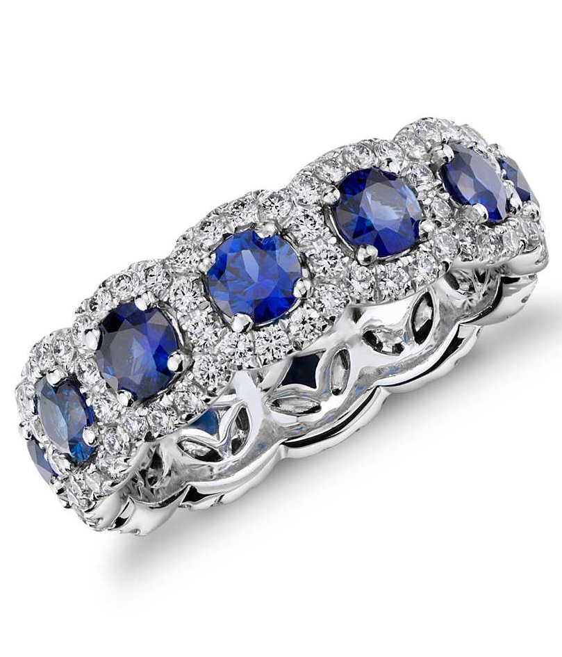 Sapphire and Diamond Halo Eternity Ring in 18k White Gold
