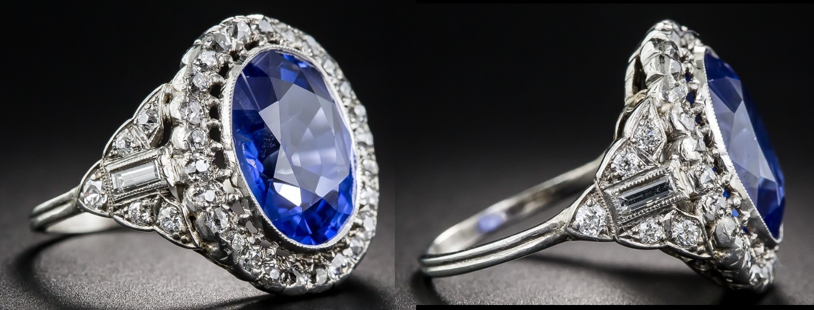 6.63 Carat No Heat Sapphire and Diamond Art Deco Ring