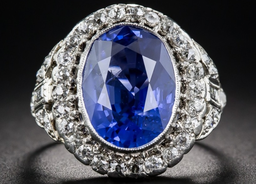 6.63 Carat. No Heat Sapphire and Diamond Art Deco Ring