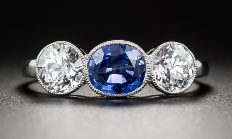 Natural Burmese Sapphire and Diamond Three-Stone Ring