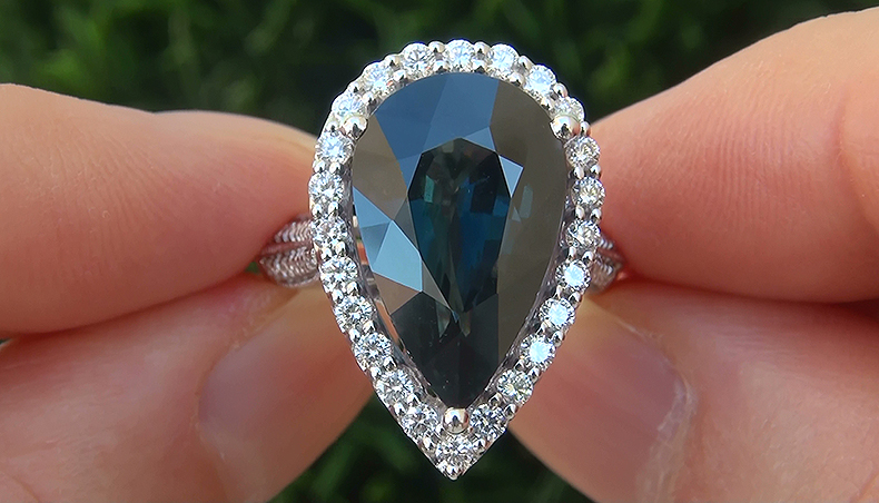 GIA 9.73 ct UNHEATED Natural VVS Blue Green Sapphire Diamond 18k White Gold Ring