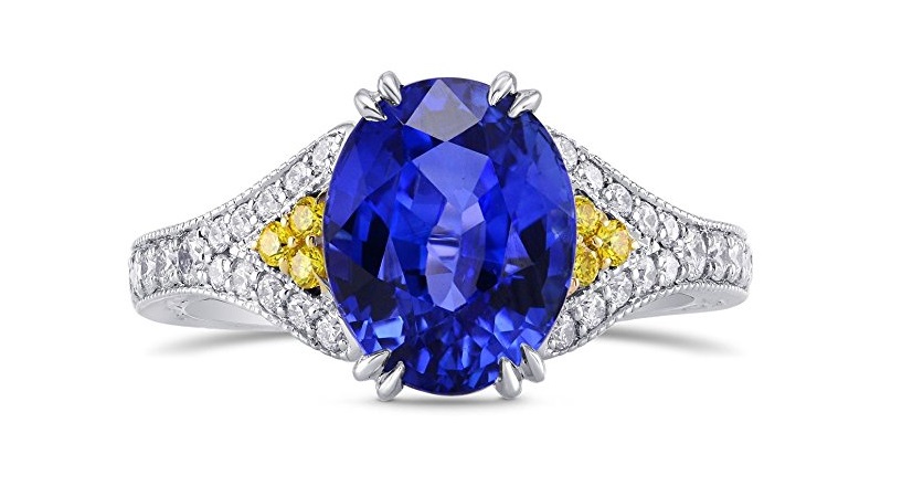 4.59Cts Sapphire Side Diamonds Engagement Side Stone Ring Set in Platinum by Leibish & Co