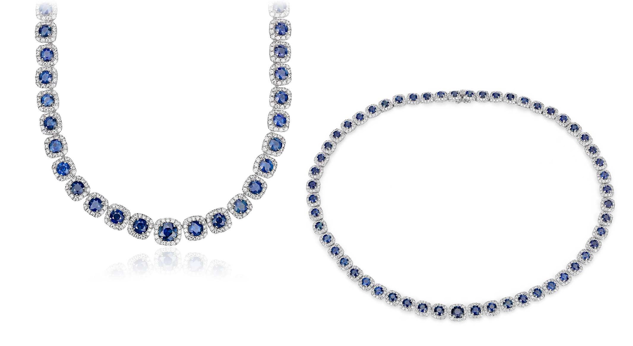 Sapphire and Diamond Halo Statement Necklace in 18k White Gold (21.72 ct. tw.)