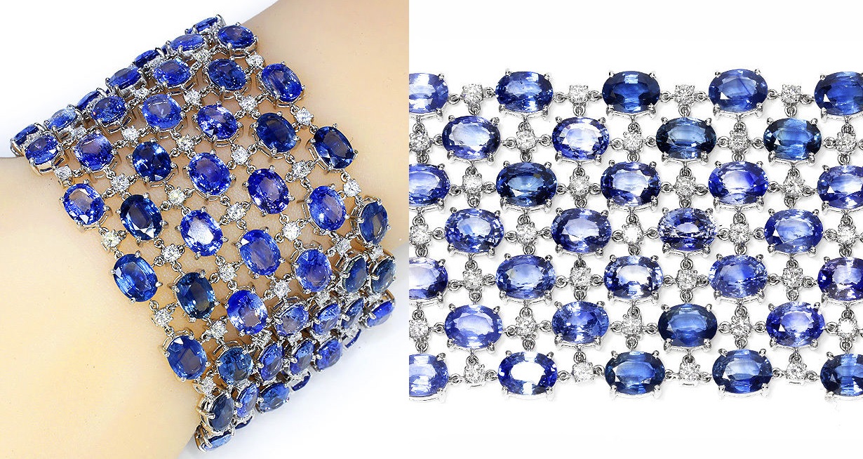 Unique Sapphire Mesh Bracelet with Diamonds in 18k White Gold 120.00 cwt 7.5” x 1.75”