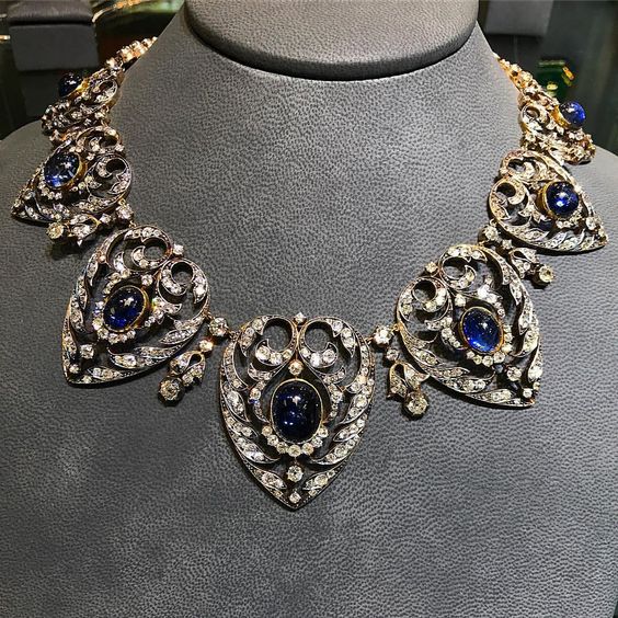 A Superb Victorian era Cabochon Sapphire and Old Cut Diamond Necklace