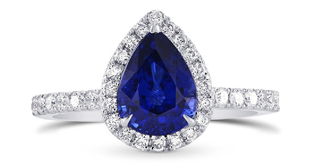 2.34Cts Sapphire Side Diamonds Engagement Halo Ring Set in 18K White Gold 