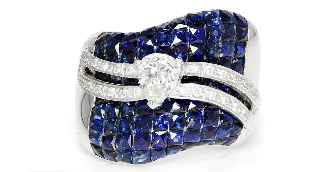 Pear Diamond Wavy Cocktail Ring with Ocean of Sapphires 14K White Gold 5.06ctw