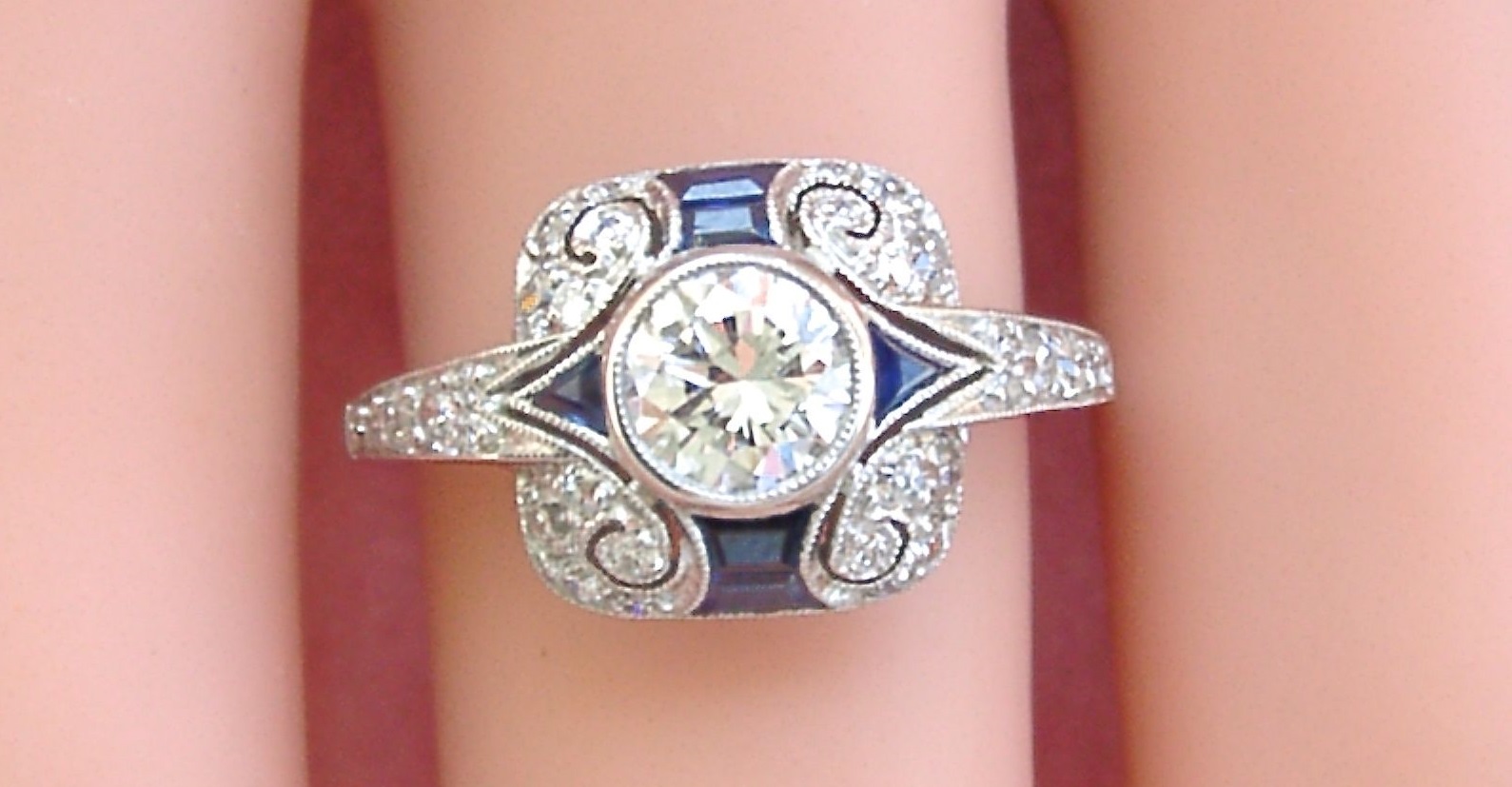  Art Deco Style 0.63 Ct Diamond Sapphire Platinum Ring