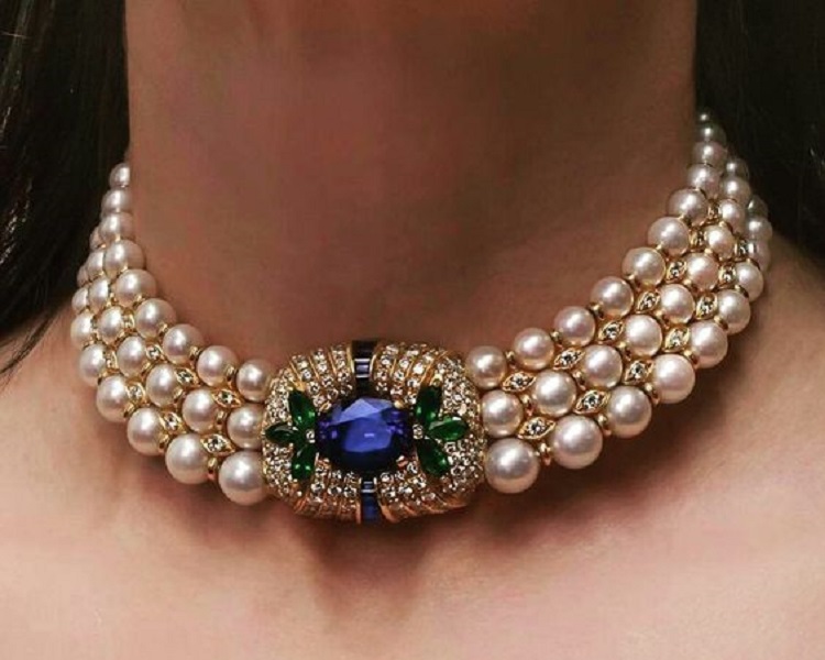 Sapphire, Emerald, Diamond and Pearl Choker Necklace