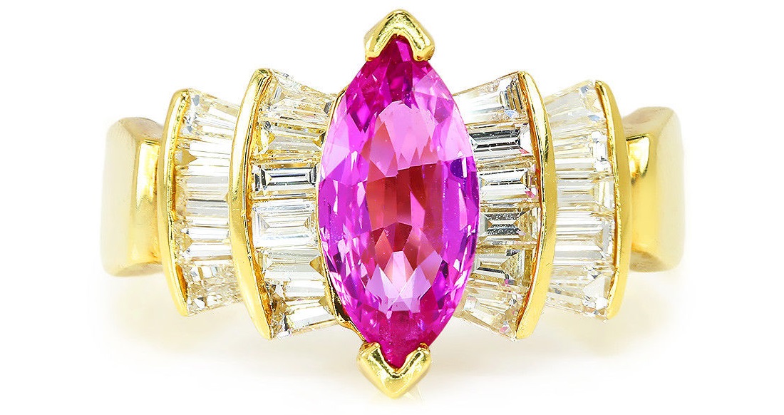 Certified Marquise Pink Sapphire Ring with Diamonds 18K Yellow Gold 2.10ctw