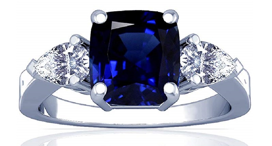 18K White Gold Cushion Cut Blue Sapphire Three Stone Ring (GIA Certificate)