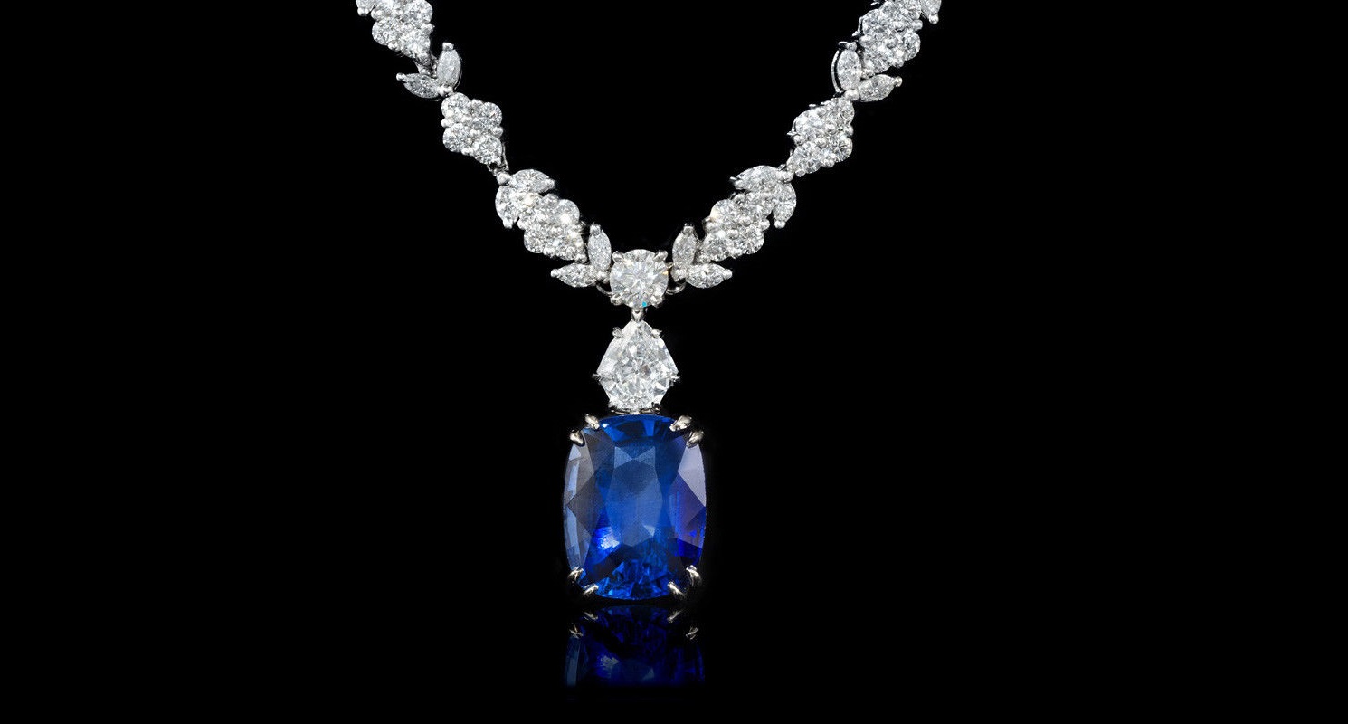 Diamond and Blue Sapphire Platinum Necklace