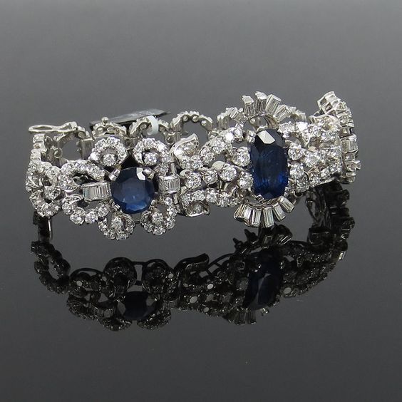 Vintage 14.23ct Natural Sapphire & 6.50ct Diamond Platinum Cluster Bracelet