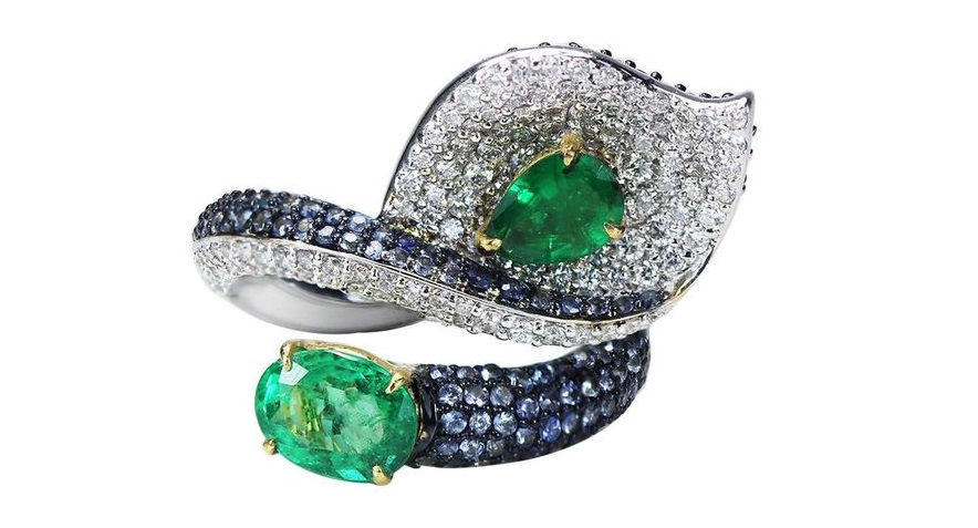 Studio Rêves 18 Karat Gold, Diamond Emerald and Blue Sapphire Leaf Cocktail Ring