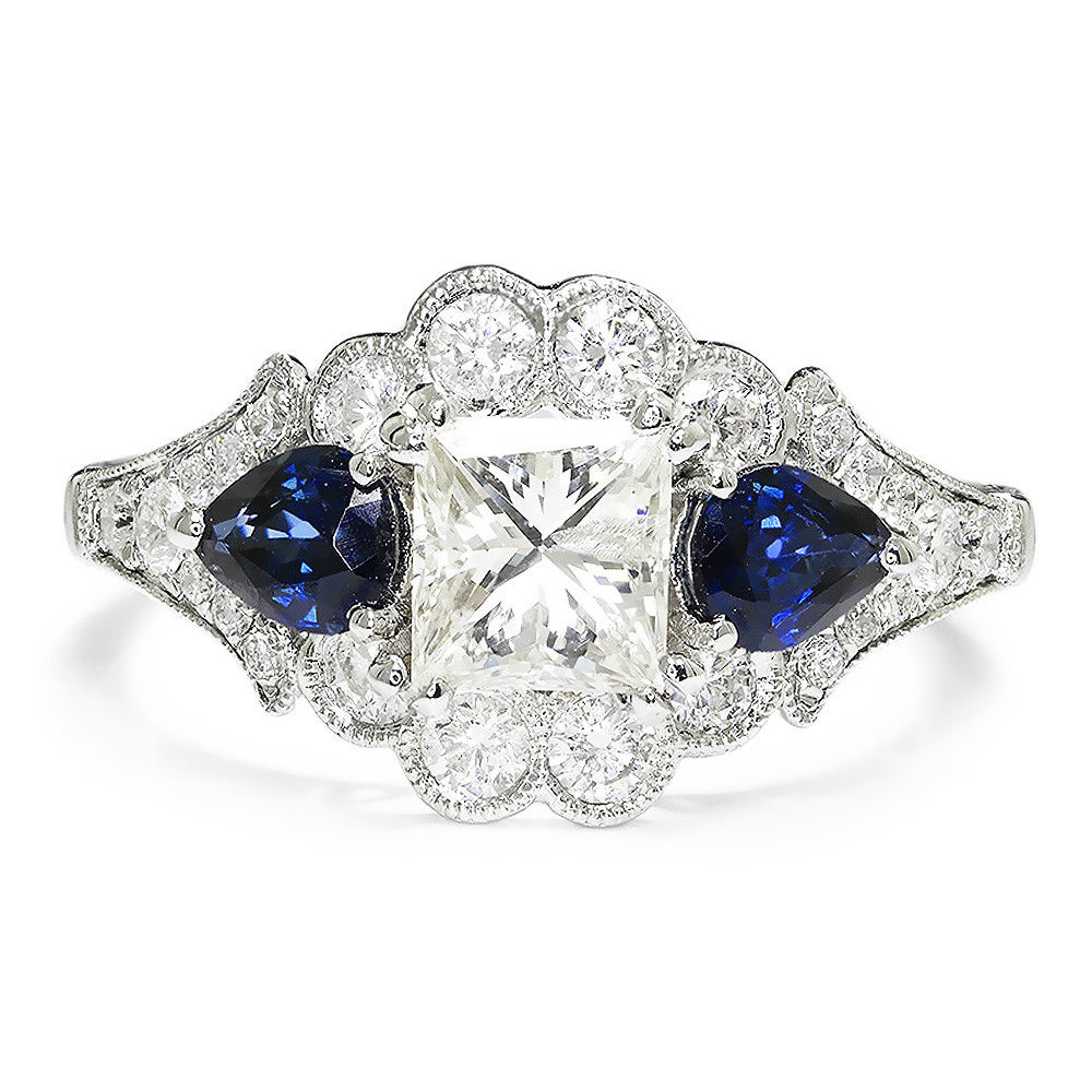 Gabriel&Co Princess Diamond 3 Stone Engagement Ring with Sapphires 18K White Gold 2.43ctw