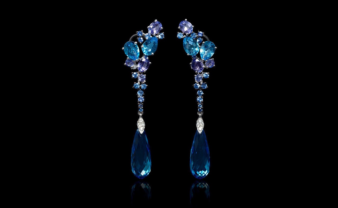 Diamond, Blue Sapphires, Tanzanite and Blue Topaz 18k White Gold Dangle Earrings