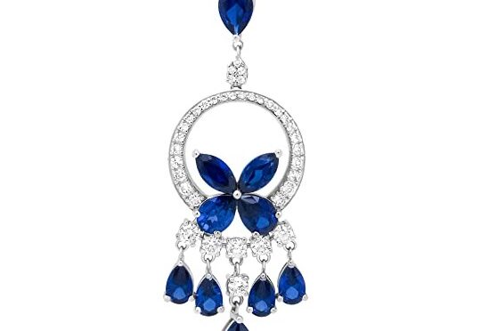 18K White Gold 1.00 Cttw Diamond and Blue Sapphire Openwork Chandelier Cascade 18″ Pendant Necklace