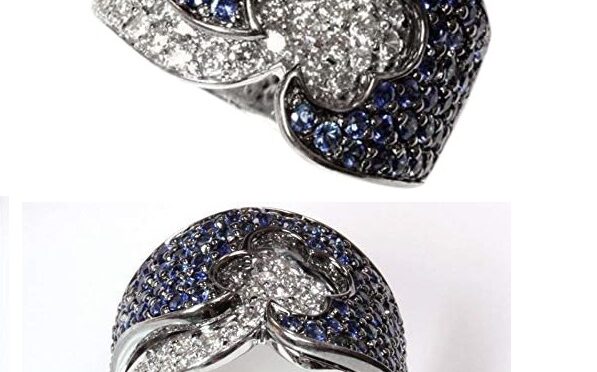 2 ct tw Natural Blue Sapphire & Diamond Solid 14k White Gold Flower Statement Ring