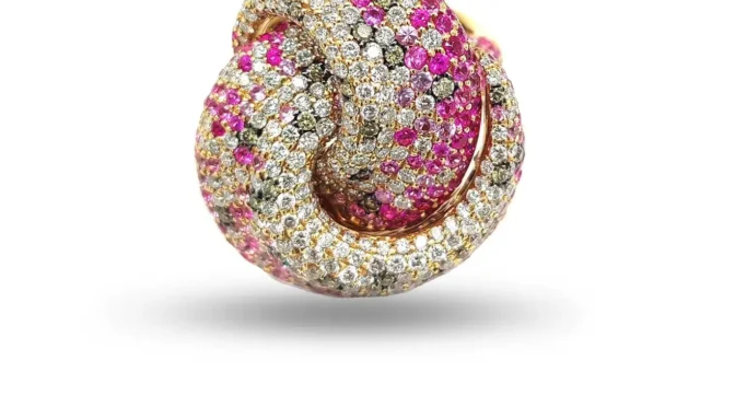 Multi Sapphire Diamond 18 Karat Rose Gold Tutti Frutti Knot Ring